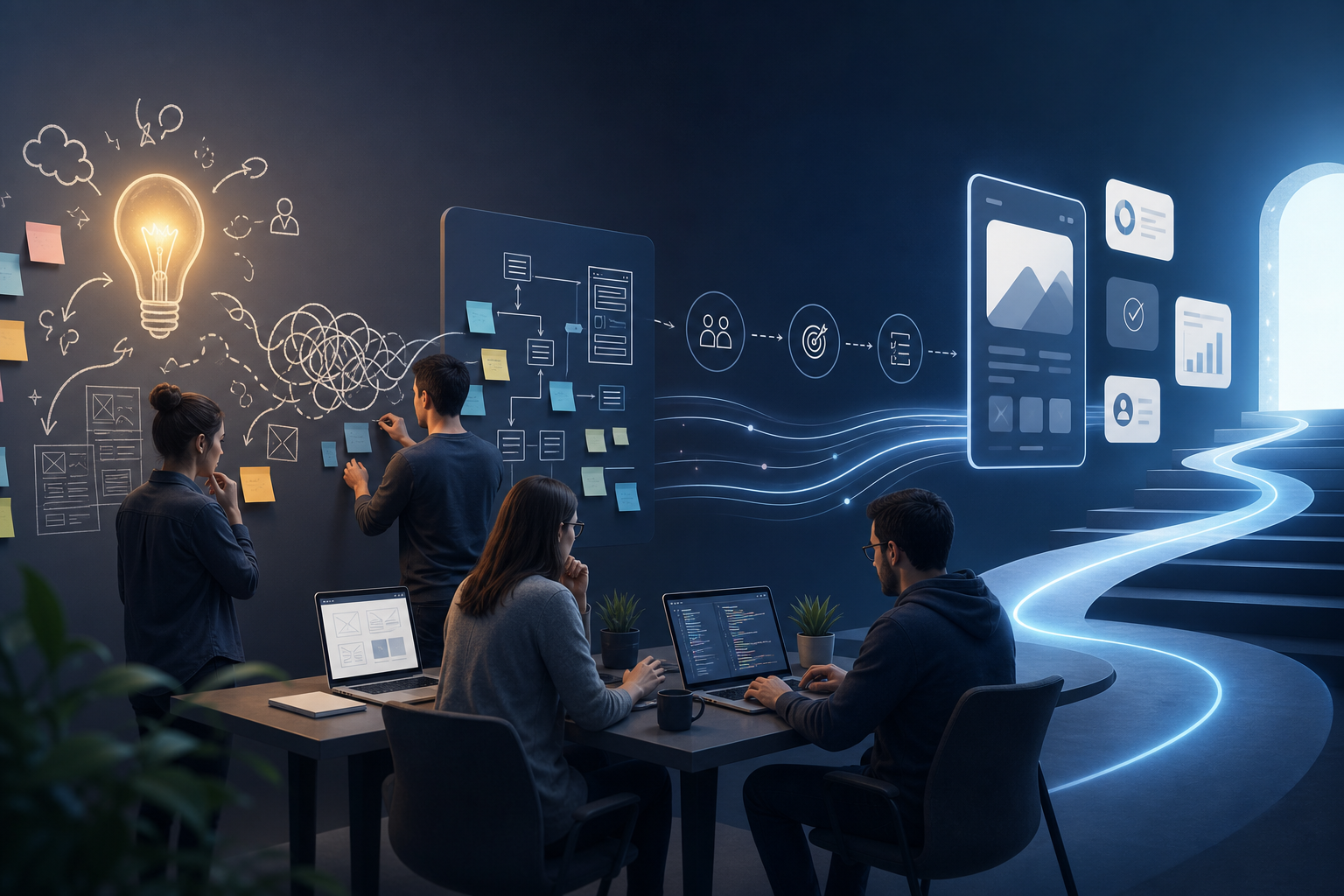 Equipe multidisciplinar discutindo a criação de um produto digital desde a ideia inicial
