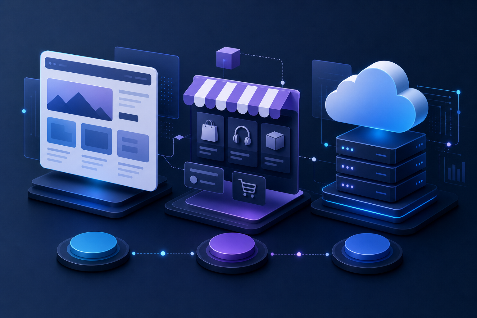 Ilustração conceitual sobre a escolha entre portal, marketplace e SaaS em um projeto digital