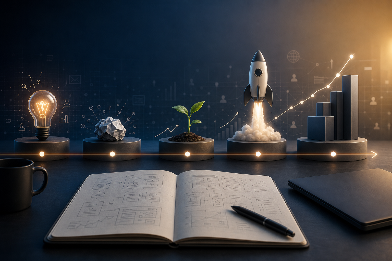 Equipe analisando aprendizados de produtos digitais de nicho a partir de projetos próprios desenvolvidos ao longo dos anos
