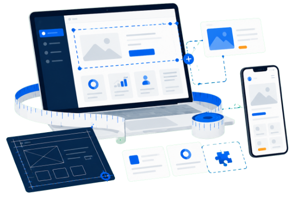 Interface de produto digital em notebook com fluxos de usuários e painel de gestão