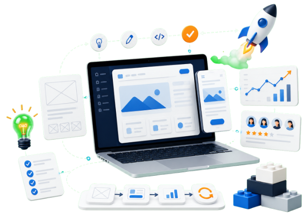 Interface de MVP em lançamento com fluxo simples, métrica e validação de uso